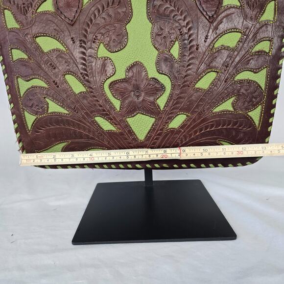Leaders in Leather Tote Laptop Bag Hand Tooled Cutout Brown Green Paraguay - Picture 13 of 16